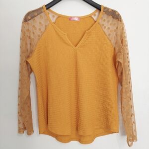 Royal Women's Mustard Yellow Blouse Mesh Polka Dot Long Sleeve V-Neck Size 1X